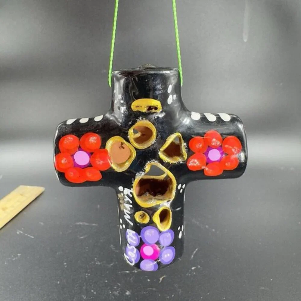 Hand Made‎ RedWare Pottery Mexico Small Ornament Cross Hand Painted Costa Maya